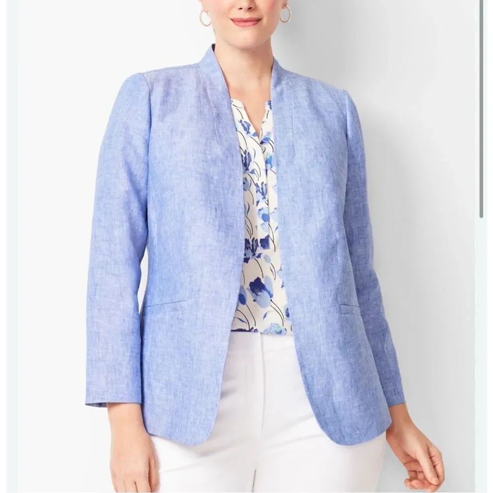 Talbots Classic 100% Linen Blue Collarless Blazer size 8 NWOT Workwear Career